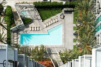 an aerial view of the pool at the ace hotel anaheim resort at Vue, San Pedro, CA